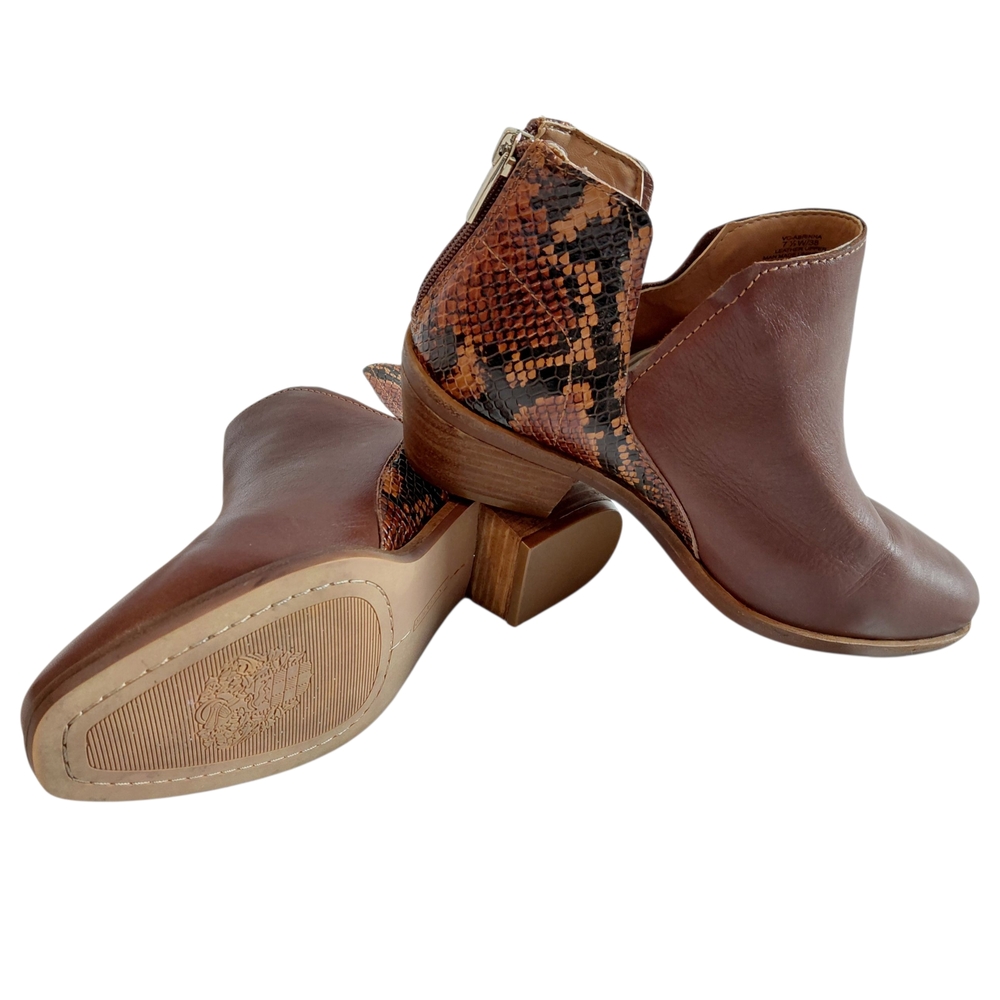Vince Camuto Brown Leather Ankle Boots with Snakeskin Detail Size 7.5
